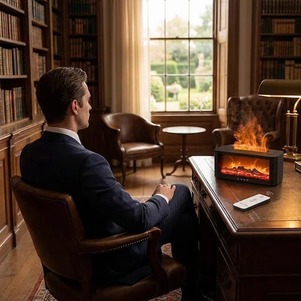 Man working in library beside fireplace diffuser