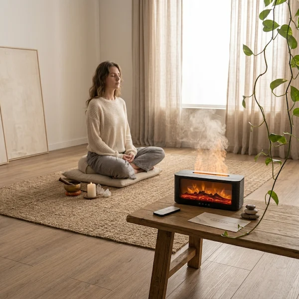 Woman meditating beside MISTVO flame diffuser