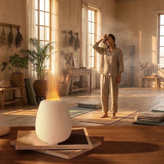 Man working in library beside fireplace diffuser