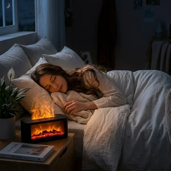 Woman sleeping beside MISTVO flame diffuser on nightstand