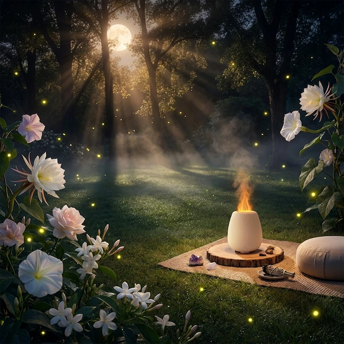 Woman meditating beside MISTVO flame diffuser