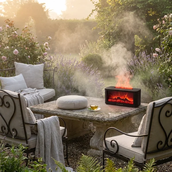 MISTVO Flame Fireplace Diffuser in garden setting