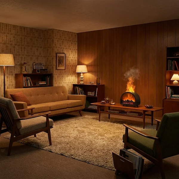 Man working in library beside fireplace diffuser