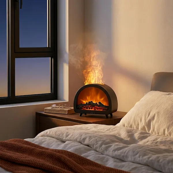 Woman meditating beside MISTVO flame diffuser