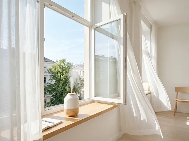 Window opening to fresh air, white curtains, diffuser on sill releasing mist