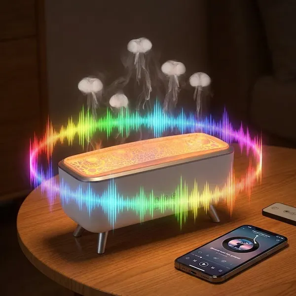 Man working in library beside fireplace diffuser