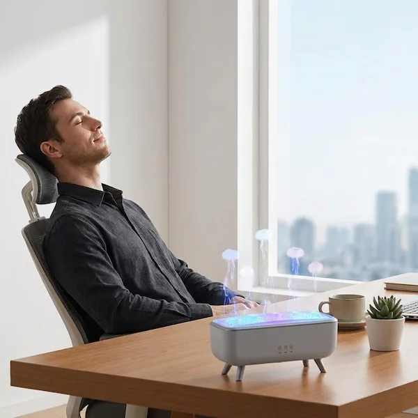 Woman sleeping beside MISTVO flame diffuser on nightstand