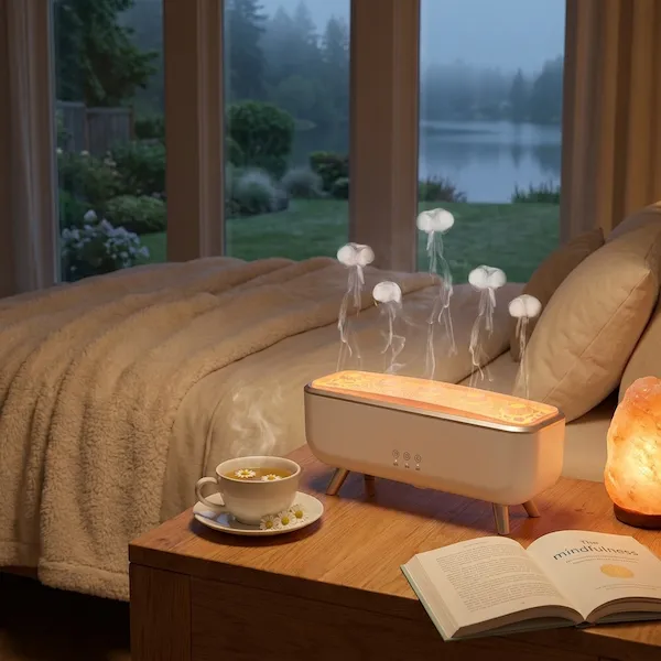 Man working in library beside fireplace diffuser