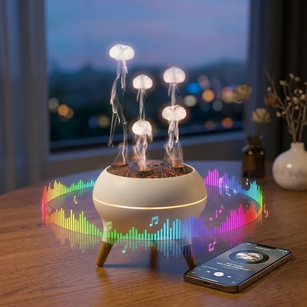 Man working in library beside fireplace diffuser
