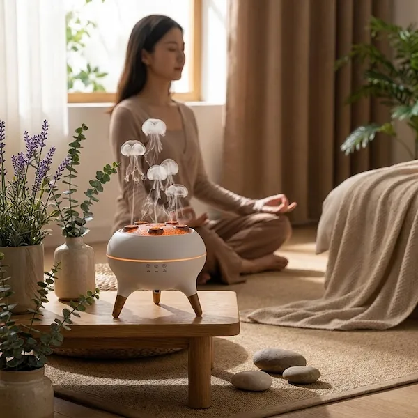 Woman sleeping beside MISTVO flame diffuser on nightstand