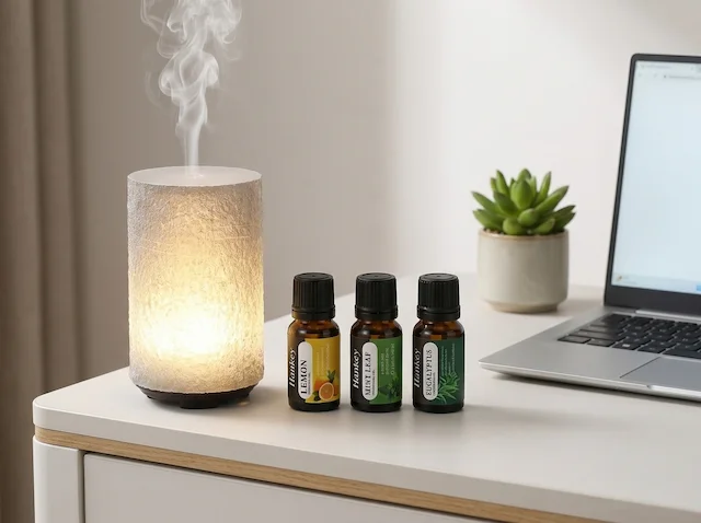 MISTVO stone diffuser with Focus Collection oils on clean desk
