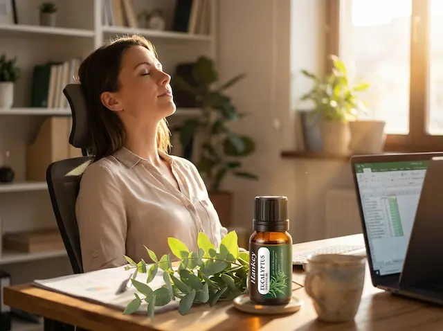 Person taking deep breath at desk, eucalyptus oil, sustained focus