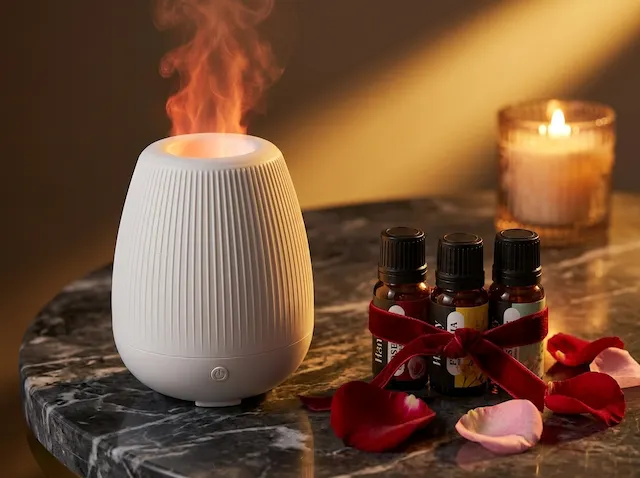 MISTVO ceramic diffuser with Romance Collection oils, moody luxury setting