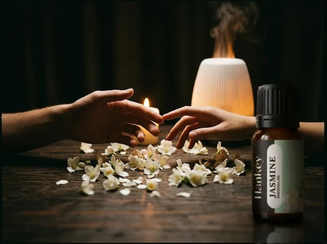 Hands reaching toward each other with jasmine flowers, intimate connection