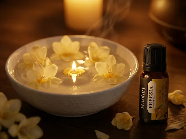 Ylang ylang flowers in water with candlelight reflection, sensual atmosphere