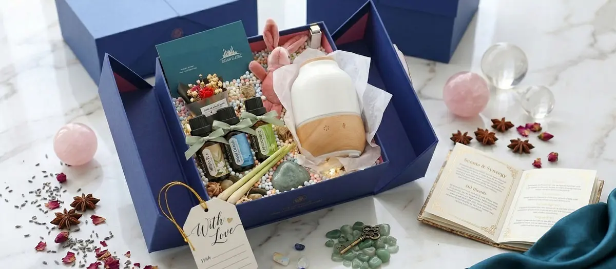 Fresh Air Gift Set open box with wood diffuser and oil trio