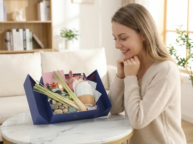 Person opening Fresh Air Gift Set, natural light, appreciation