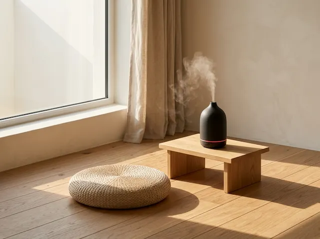 Meditation corner with cushion, MISTVO diffuser misting, morning light, stillness