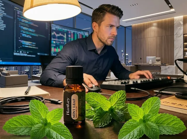 Person focused at computer with peppermint essential oil nearby