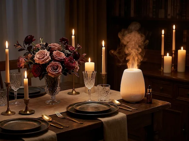 Intimate dinner for two with candles, roses, MISTVO diffuser in background