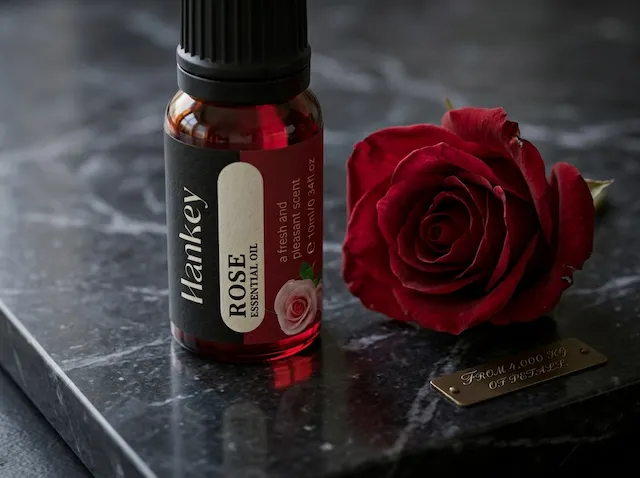 Rose essential oil bottle beside deep red rose on dark marble, moody luxury