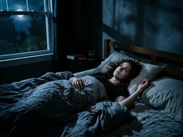 Person lying awake at night unable to sleep