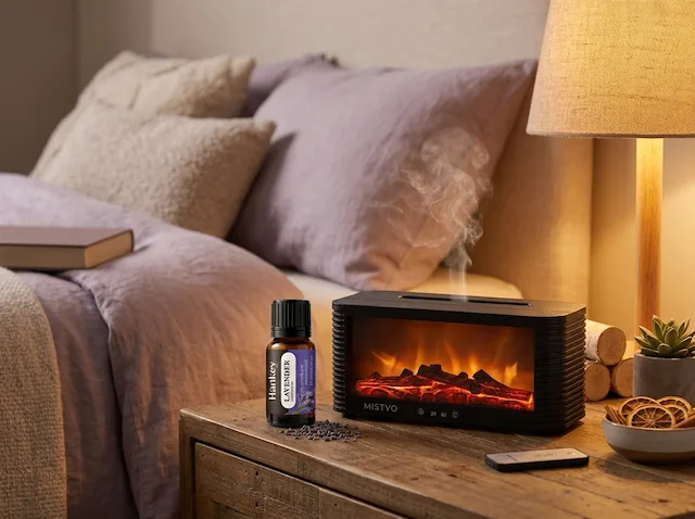 Diffuser releasing mist beside lavender oil bottle in cozy bedroom