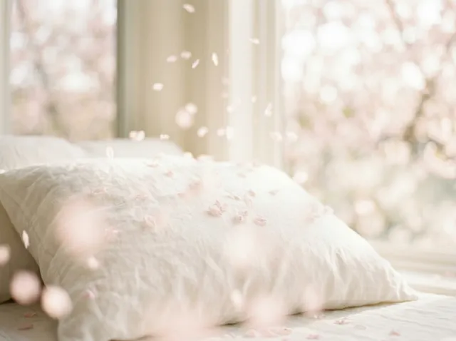 Sakura petals on white pillow, soft dreamy light