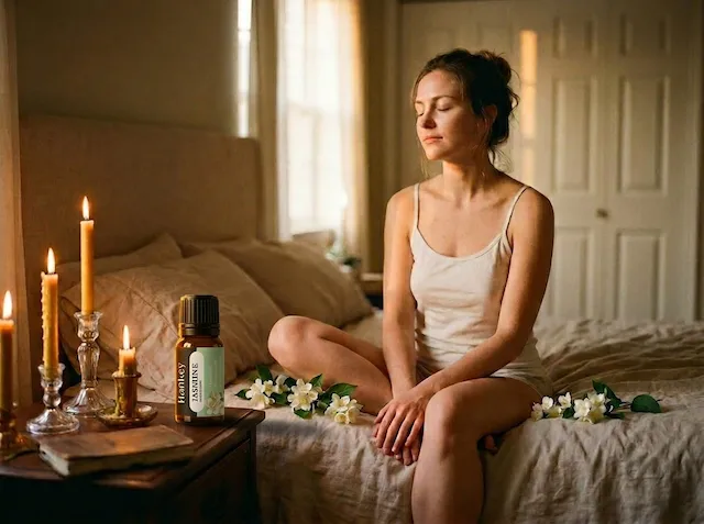 Woman at rest with jasmine flowers, peaceful evening scene