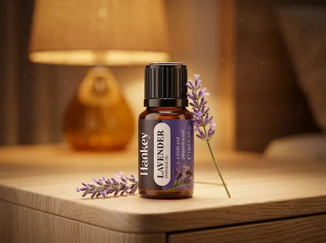Lavender essential oil beside MISTVO diffuser on nightstand