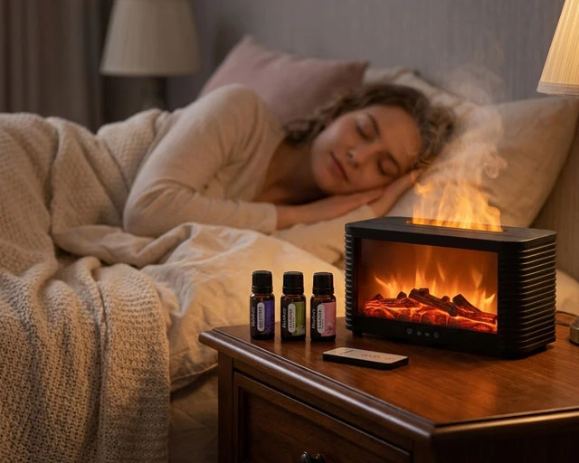 MISTVO sleep gift set in use, diffuser on nightstand, peaceful sleep