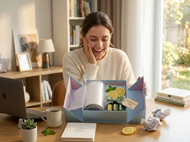 Person opening Focus Flow Gift Set at desk, genuine appreciation