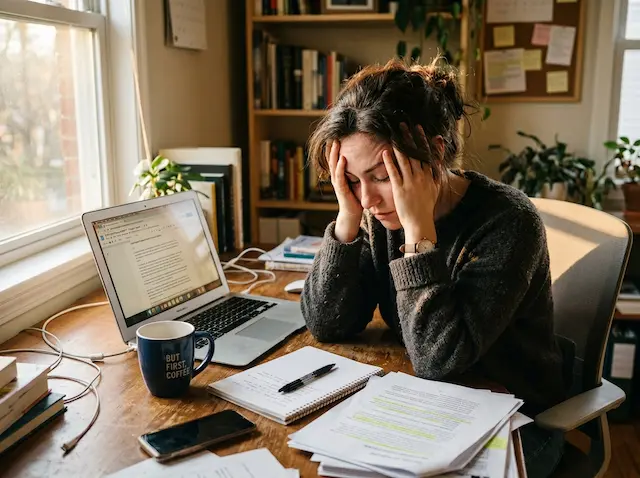 Person overwhelmed at desk, mental fatigue, 3pm slump
