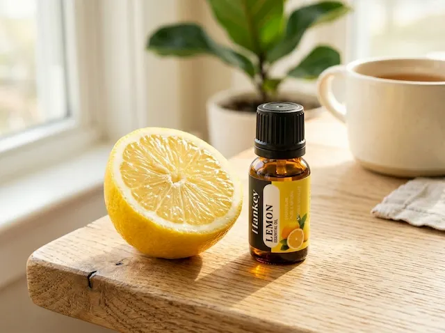 Clean bright desk with lemon essential oil bottle, focused work environment