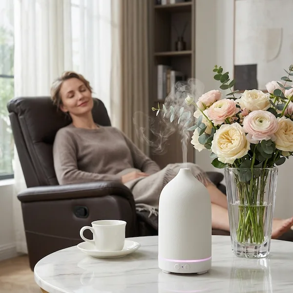 Woman sleeping beside MISTVO flame diffuser on nightstand