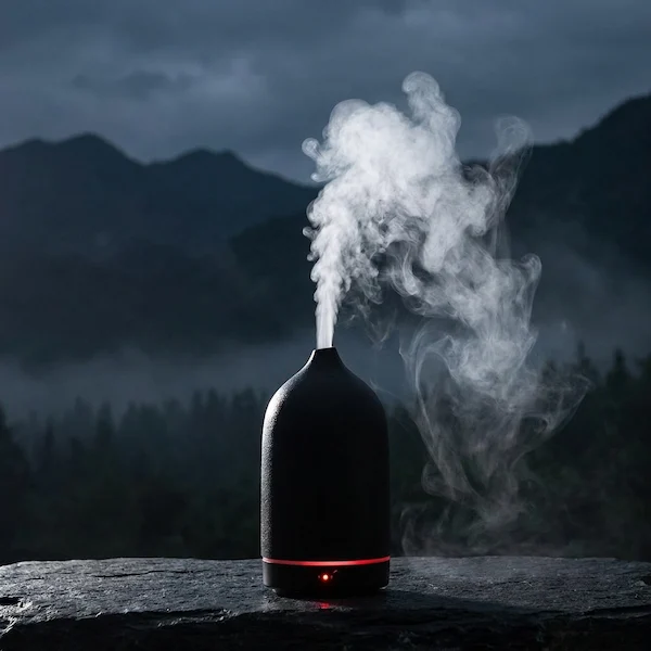 Woman meditating beside MISTVO flame diffuser