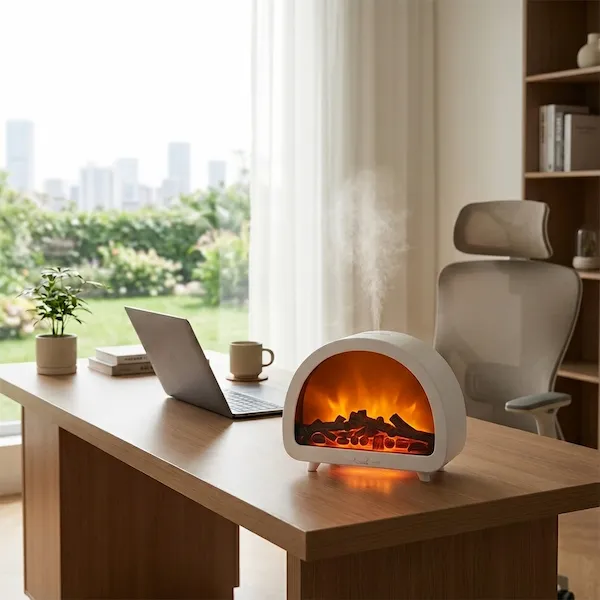 Man working in library beside fireplace diffuser