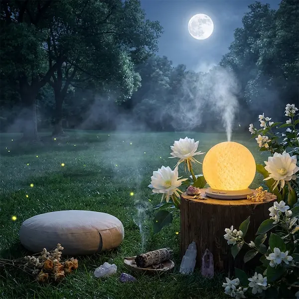 Woman meditating beside MISTVO flame diffuser