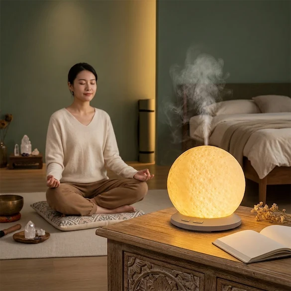 Woman sleeping beside MISTVO flame diffuser on nightstand