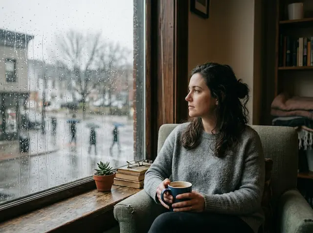 Person looking out rainy window, grey mood, ordinary flat day
