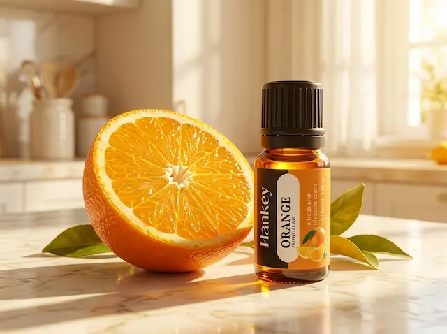 Sweet orange essential oil on bright morning kitchen table with sunlight