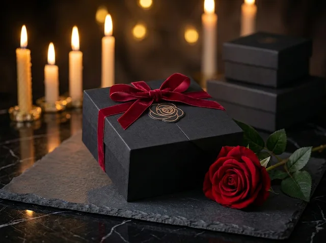 Romance Ritual Gift Set packaging with red velvet ribbon