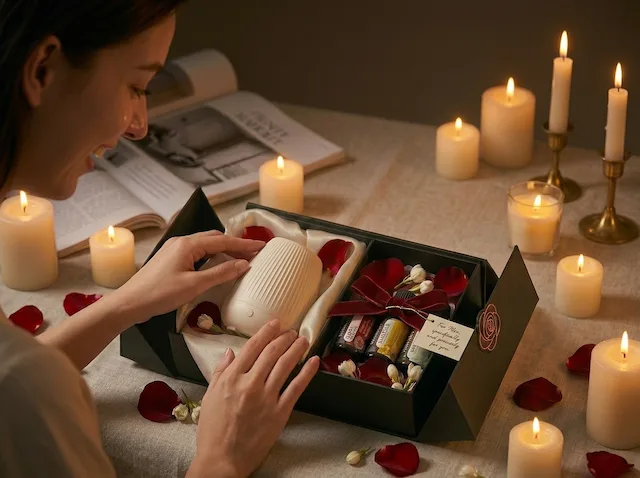 Romance Gift Set being opened, rose petal visible, emotional warmth