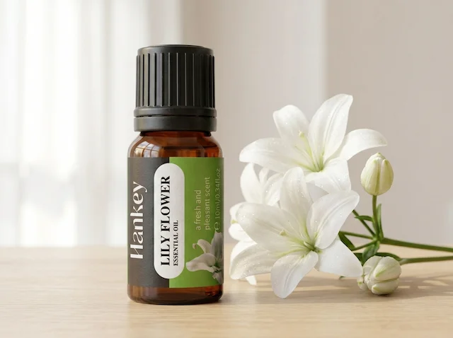 White lily flowers in morning light, simple and pure, essential oil bottle