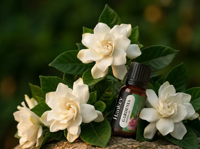 White gardenia flowers in evening light, rich and comforting, amber oil bottle