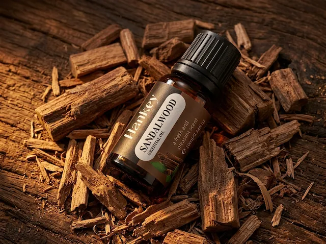Sandalwood chips with warm amber light, ancient precious material, essential oil bottle