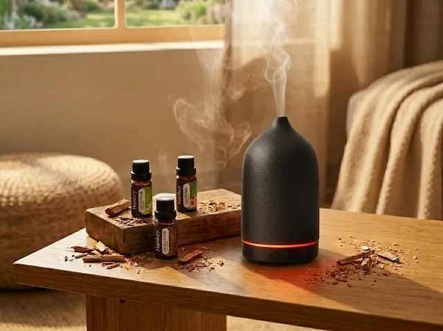 MISTVO diffuser in meditation corner with Still Moment Collection oils