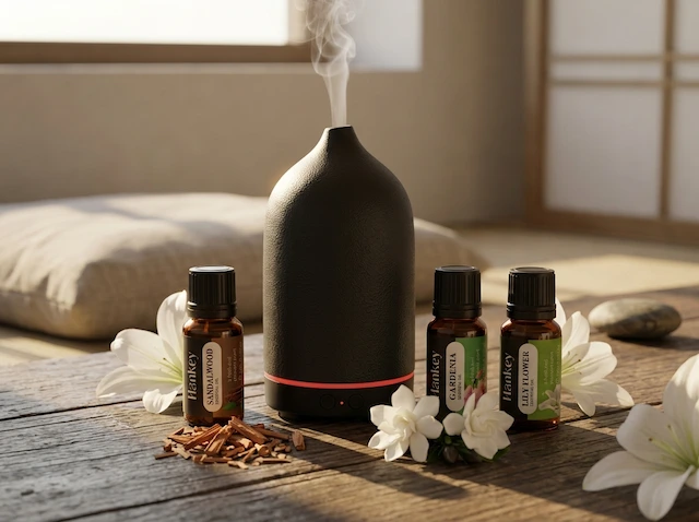Still Moment gift set creating meditation space, diffuser misting