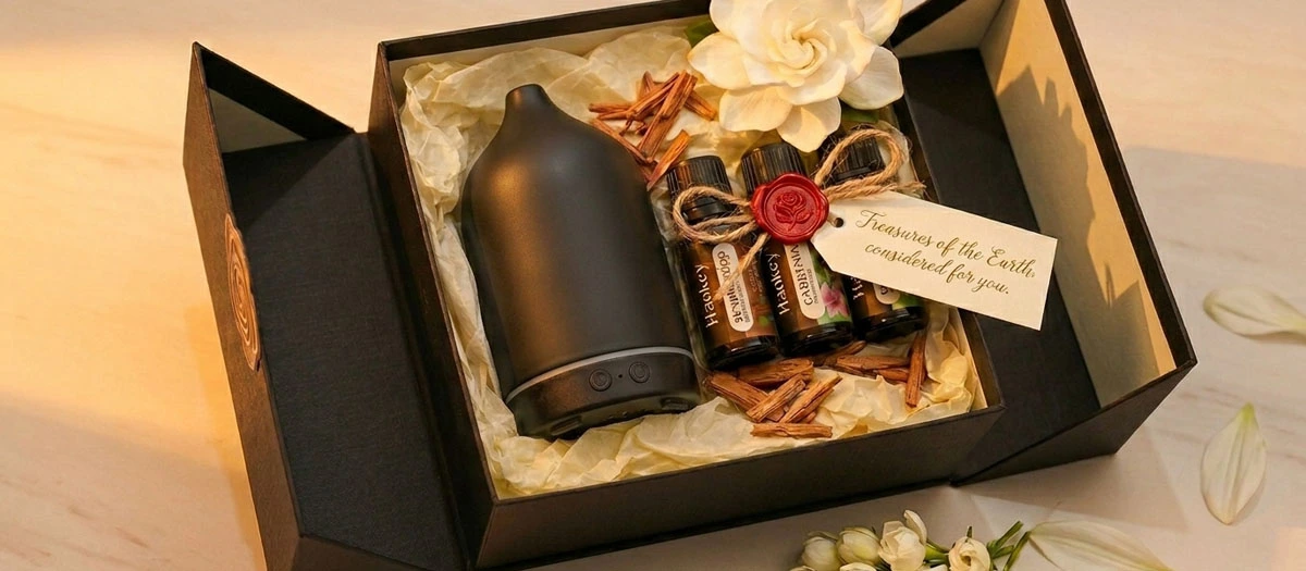 Still Moment Gift Set open box with ceramic diffuser and oil trio