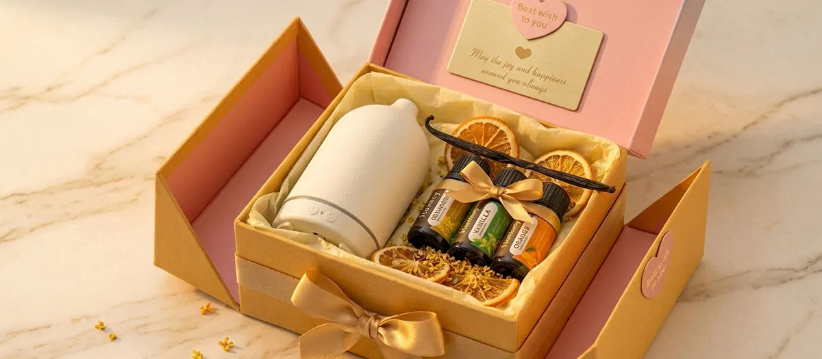 Good Mood Gift Set open box with ceramic diffuser and oil trio